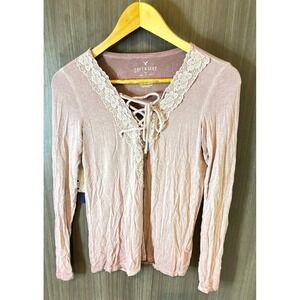 American Eagle Soft & Sexy Top‎ Women's XS Pink Stretch Lace Drawstring Neck